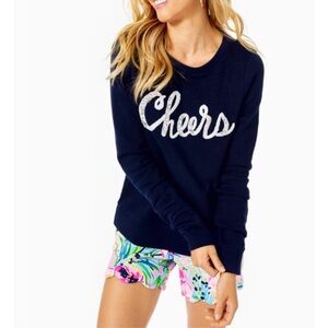 NEW Lilly Pulitzer Rami Cheers Sweatshirt In Navy with White Cursive Size Large